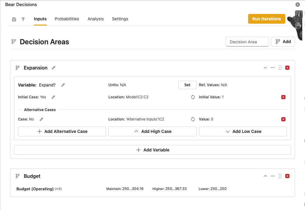 Bear Decisions Inputs tab showing decision areas and related controls