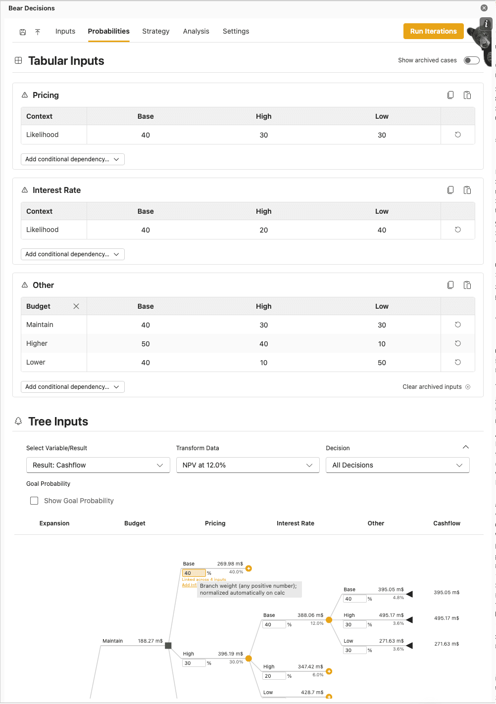 Bear Decisions Probabilities tab showing tabular inputs, tree inputs, conditional tables, overrides, and Run Iterations