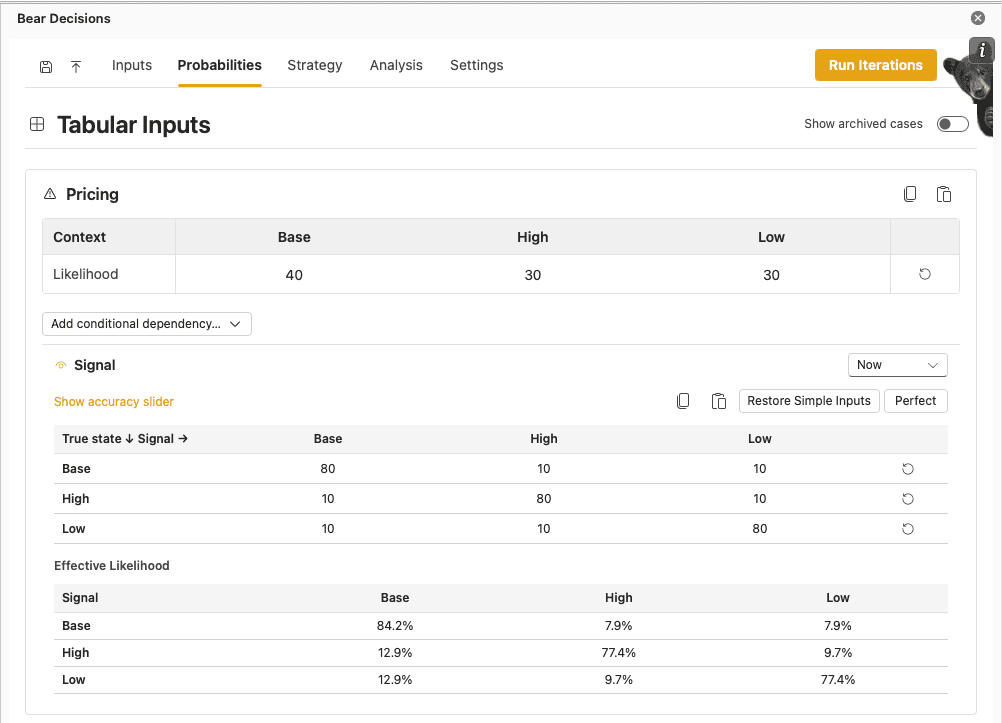 Bear Decisions Probabilities tab showing signal table inputs
