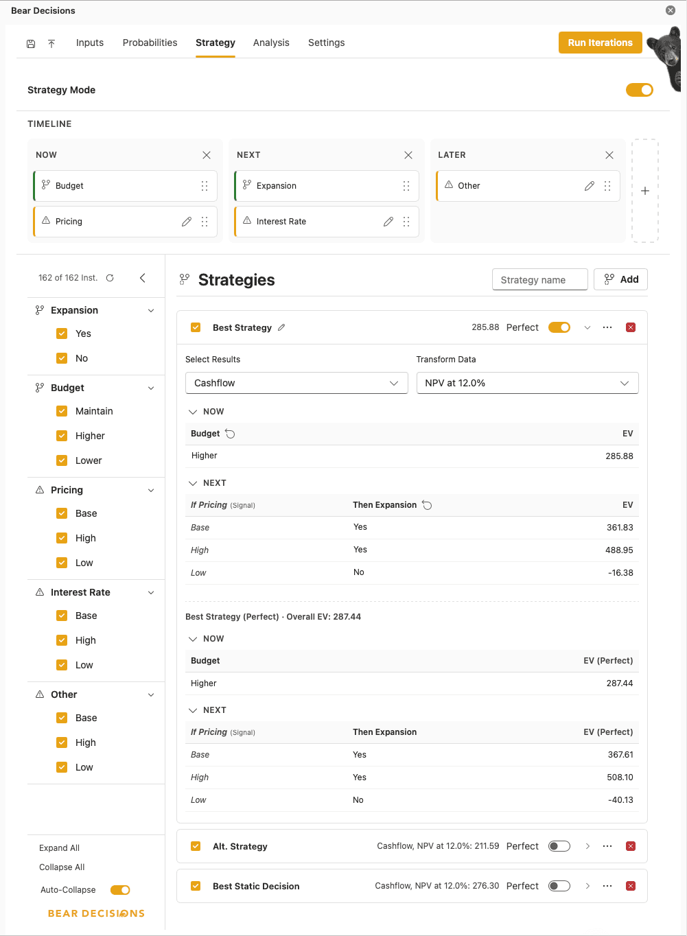 Bear Decisions Strategies tab showing strategy mode enabled