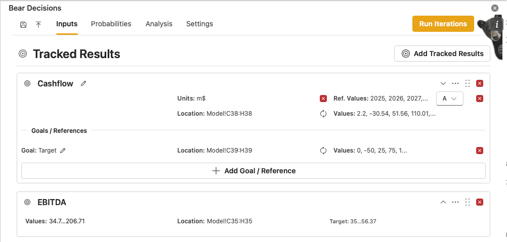 Bear Decisions Inputs tab showing tracked results and goals