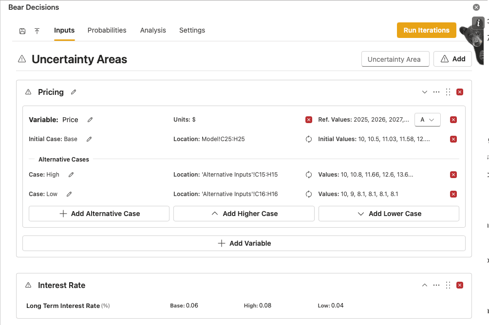 Bear Decisions Inputs tab showing uncertainty areas and variables