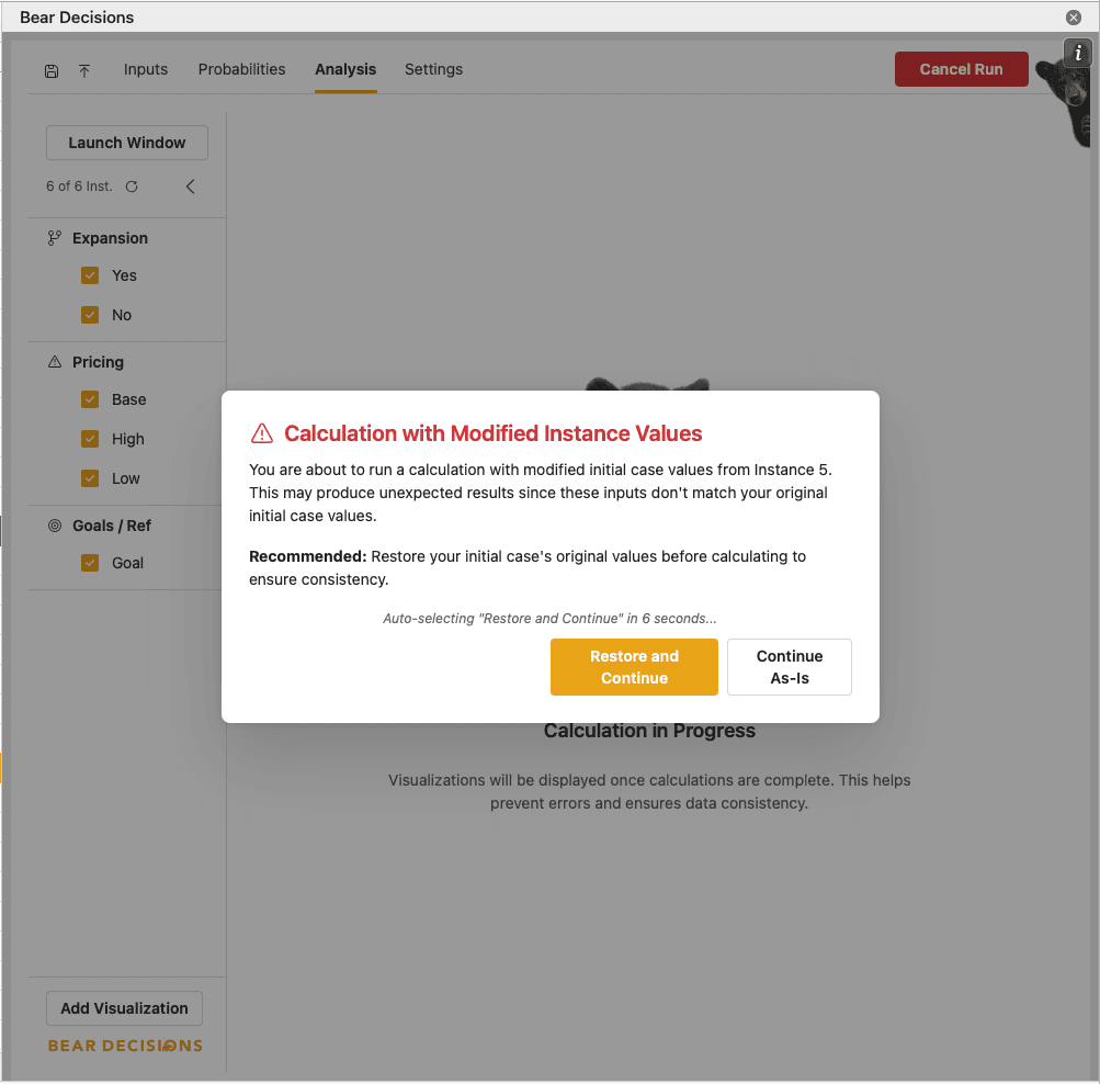 Calculation Warning on Overriding Selected Instance