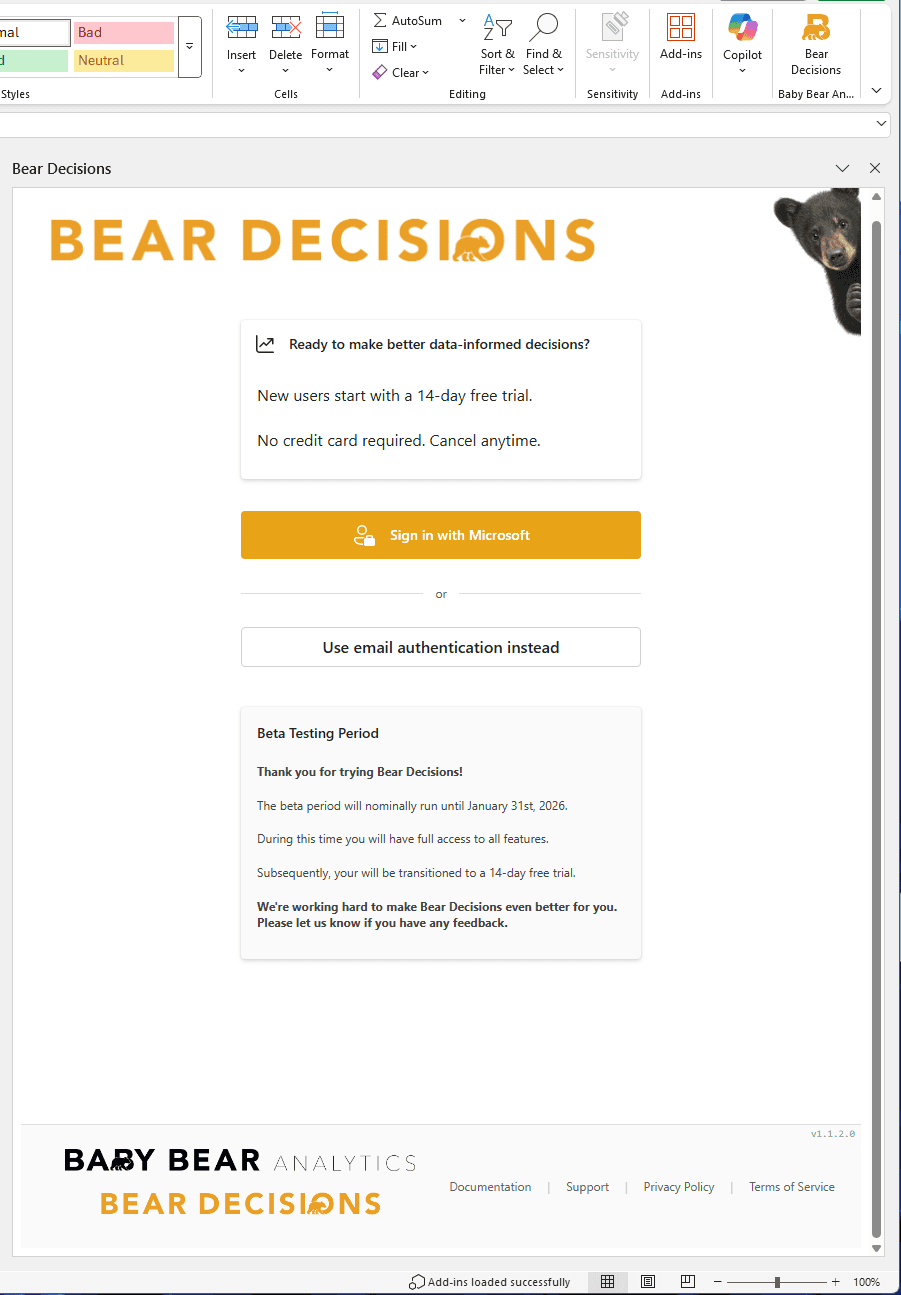 Bear Decisions Login Screen