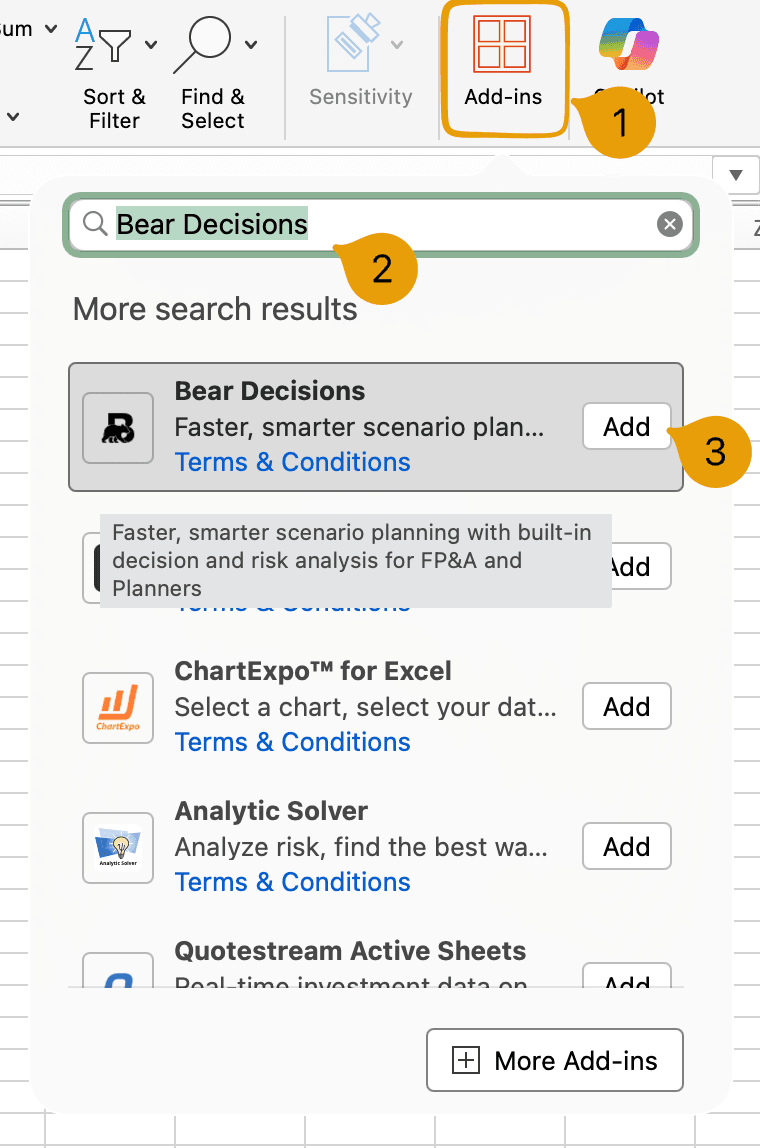Steps to add Bear Decisions add-in to Excel: Add-ins button, search, and Add