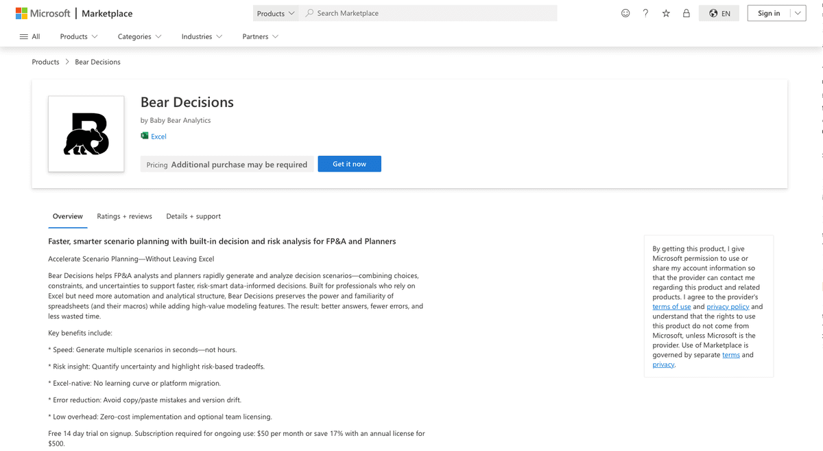 Bear Decisions on Microsoft Marketplace — opens marketplace listing in new tab