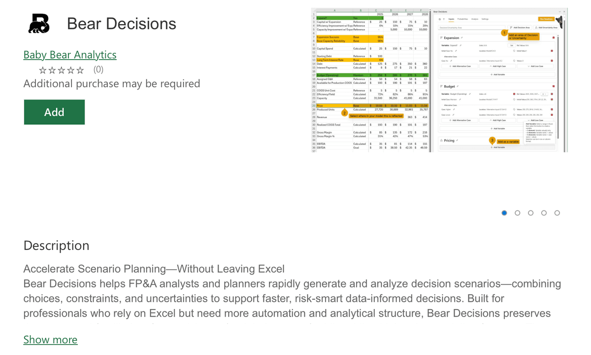 Bear Decisions listing in Microsoft Marketplace with option to view details