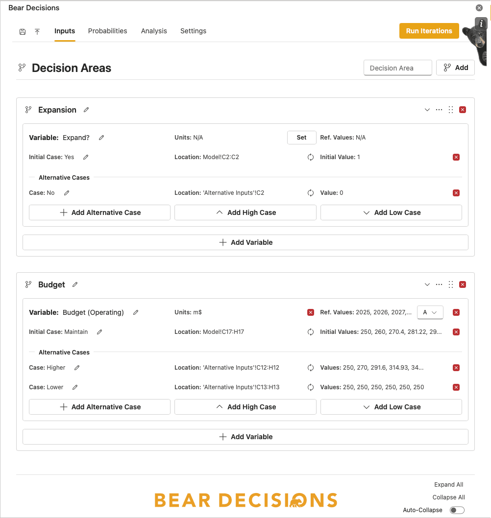 Bear Decisions Decision Areas Configuration
