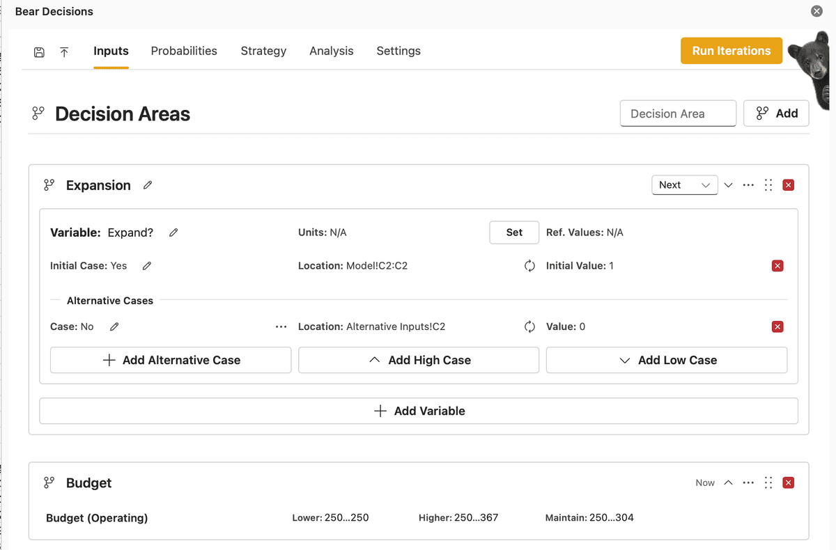 Bear Decisions Inputs tab showing decision areas and related controls