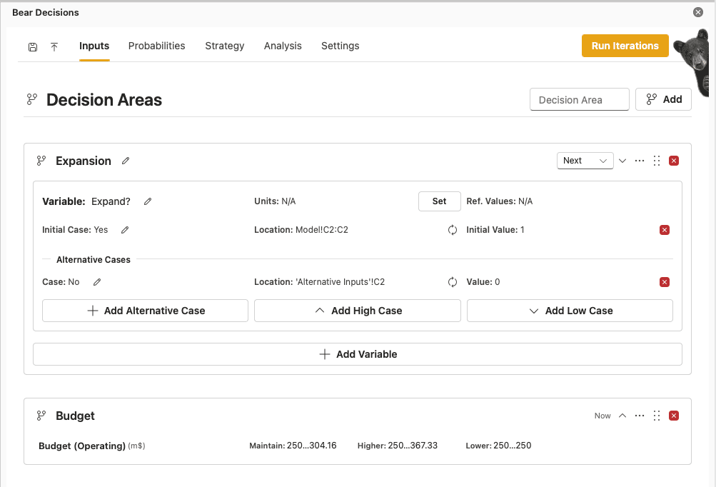 Bear Decisions Inputs tab showing decision areas and related controls
