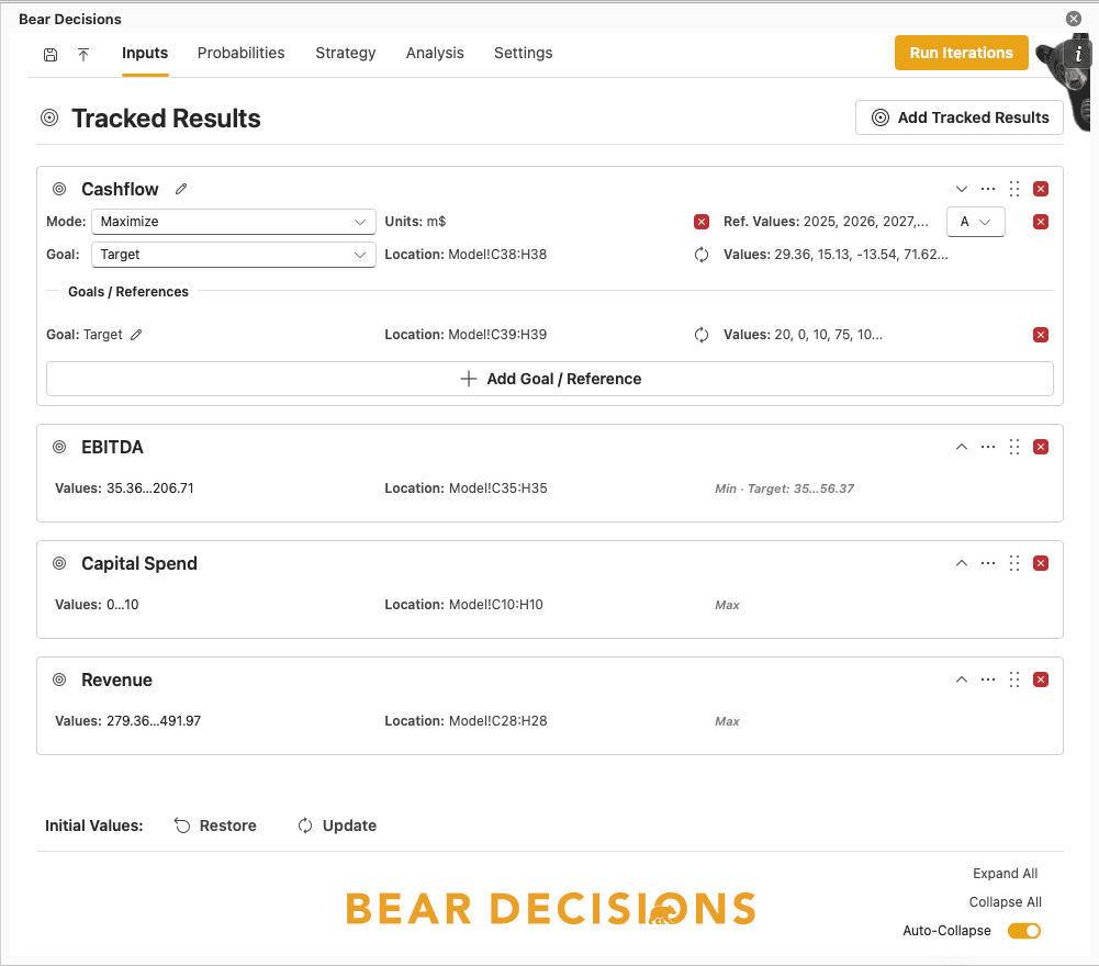 Bear Decisions Inputs tab showing tracked results and goals