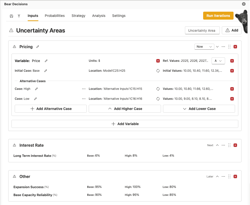 Bear Decisions Inputs tab showing uncertainty areas and variables
