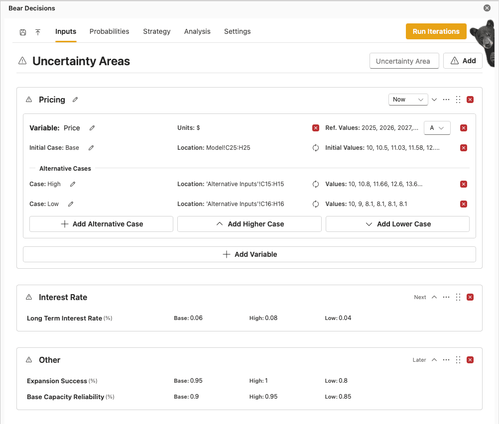 Bear Decisions Inputs tab showing uncertainty areas and variables