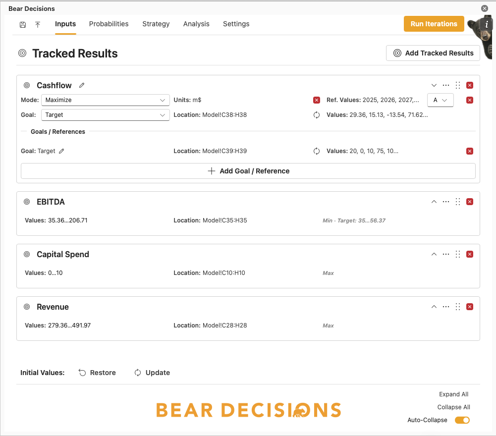 Bear Decisions Inputs tab showing tracked results and goals